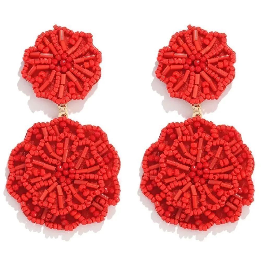 Red Beaded Double Flower Boho Dangling Drop Statement Post Back Earrings